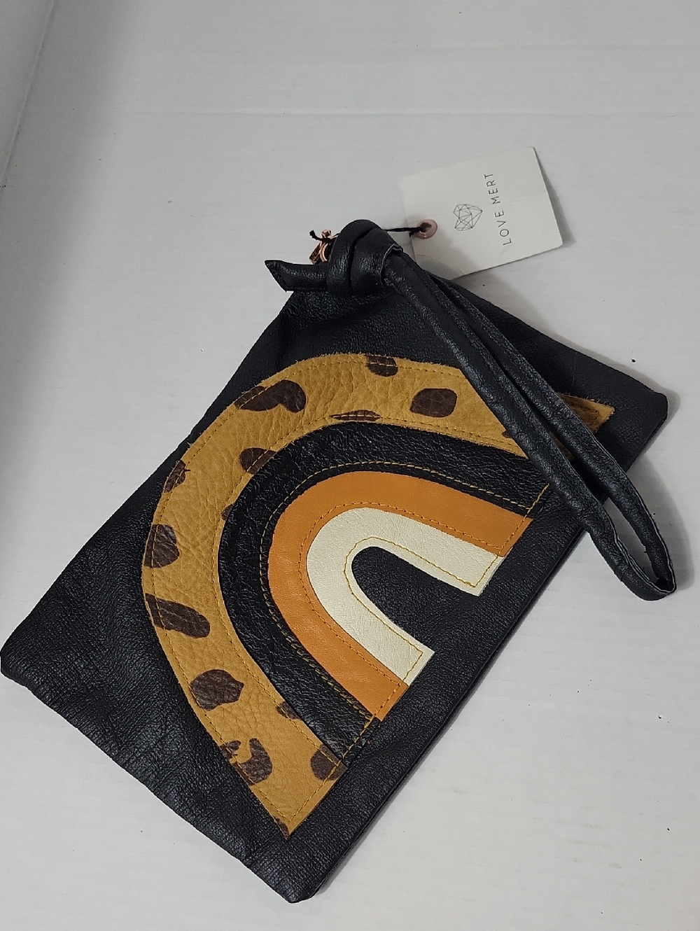LOVE HEART Black Leather Wristlet Clutch with Tan and Cream Accent